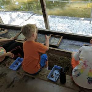 Three young kids flume mining at Gem Mountain.